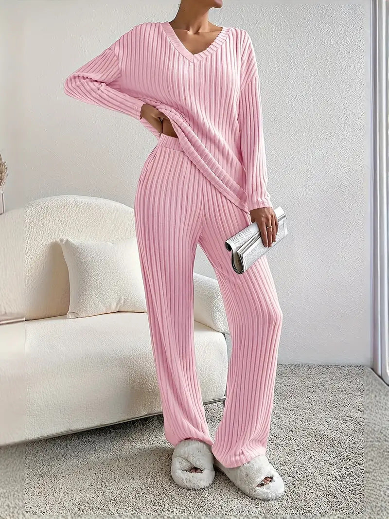 2025 New Autumn Women's Knit Set – Striped V-Neck Top & Straight-Leg Pants | Casual Two-Piece Outfit