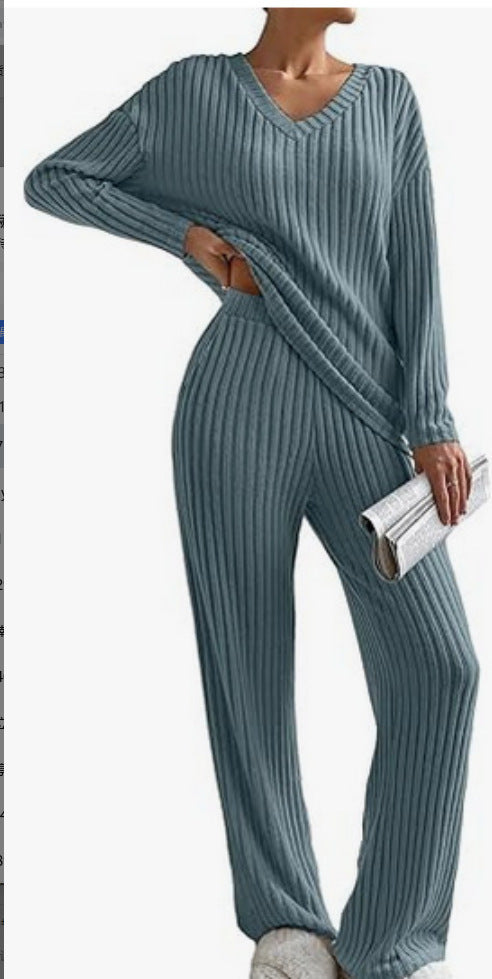 2025 New Autumn Women's Knit Set – Striped V-Neck Top & Straight-Leg Pants | Casual Two-Piece Outfit