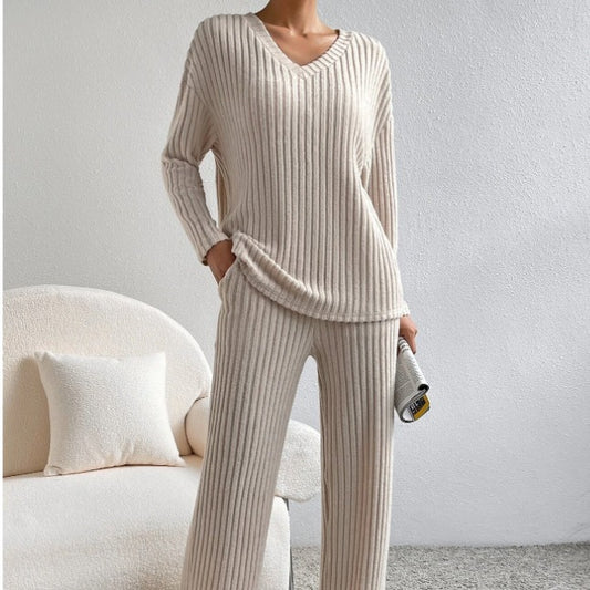 2025 New Autumn Women's Knit Set – Striped V-Neck Top & Straight-Leg Pants | Casual Two-Piece Outfit