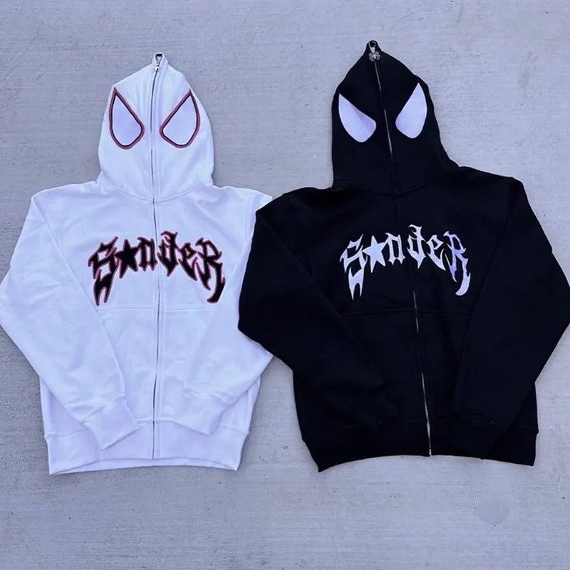 European & American Streetwear Hoodie with Spider Print & Zipper Design