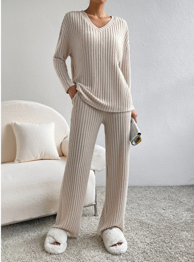 2025 New Autumn Women's Knit Set – Striped V-Neck Top & Straight-Leg Pants | Casual Two-Piece Outfit