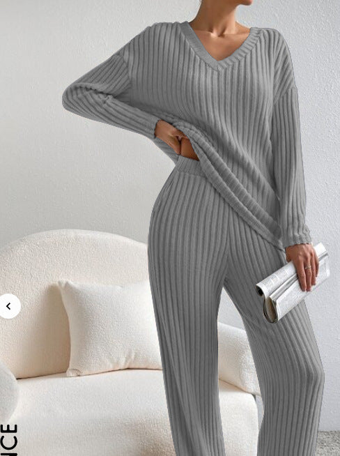 2025 New Autumn Women's Knit Set – Striped V-Neck Top & Straight-Leg Pants | Casual Two-Piece Outfit