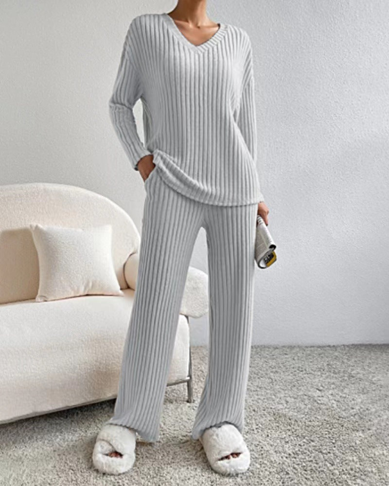 2025 New Autumn Women's Knit Set – Striped V-Neck Top & Straight-Leg Pants | Casual Two-Piece Outfit