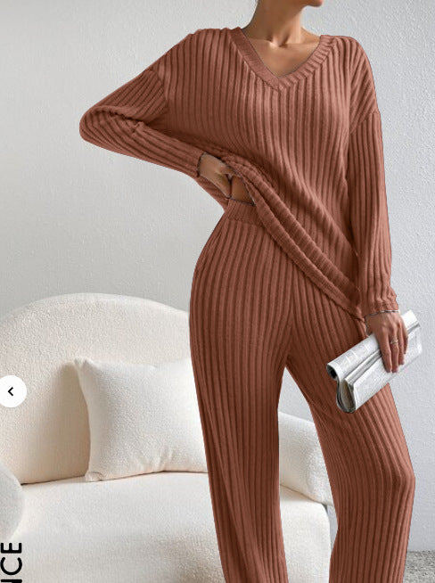 2025 New Autumn Women's Knit Set – Striped V-Neck Top & Straight-Leg Pants | Casual Two-Piece Outfit