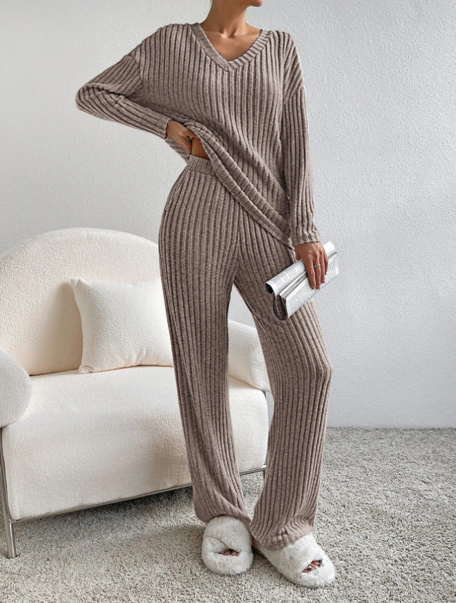 2025 New Autumn Women's Knit Set – Striped V-Neck Top & Straight-Leg Pants | Casual Two-Piece Outfit