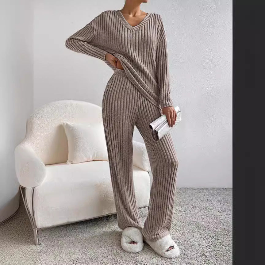 2025 New Autumn Women's Knit Set – Striped V-Neck Top & Straight-Leg Pants | Casual Two-Piece Outfit