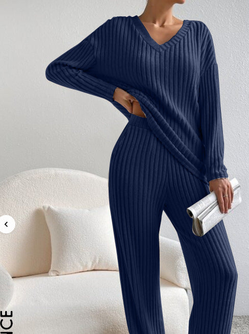 2025 New Autumn Women's Knit Set – Striped V-Neck Top & Straight-Leg Pants | Casual Two-Piece Outfit