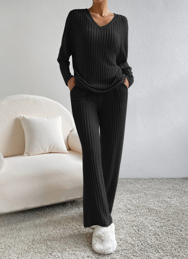 2025 New Autumn Women's Knit Set – Striped V-Neck Top & Straight-Leg Pants | Casual Two-Piece Outfit