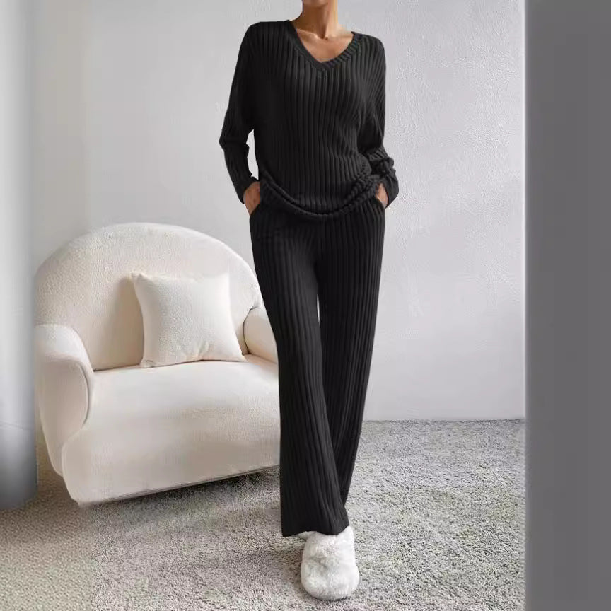2025 New Autumn Women's Knit Set – Striped V-Neck Top & Straight-Leg Pants | Casual Two-Piece Outfit