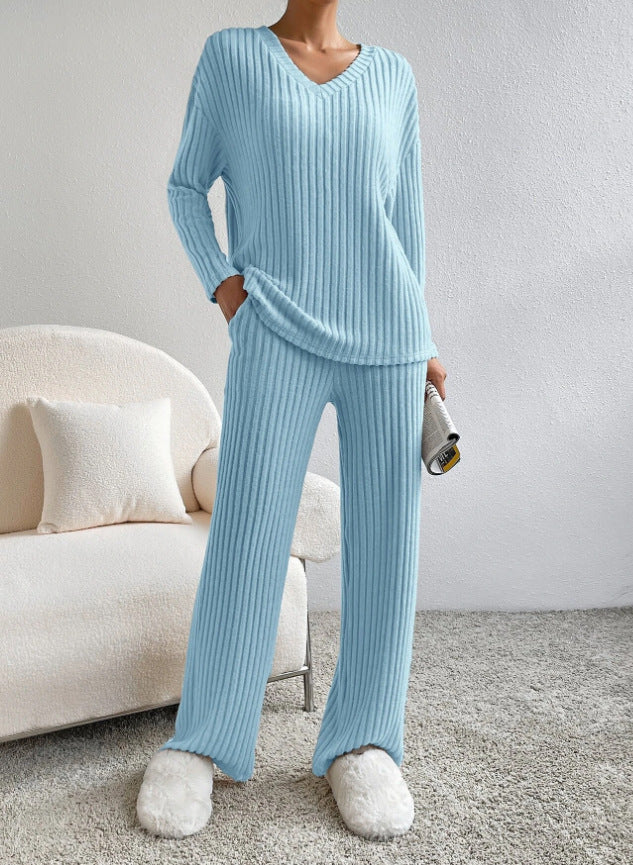 2025 New Autumn Women's Knit Set – Striped V-Neck Top & Straight-Leg Pants | Casual Two-Piece Outfit