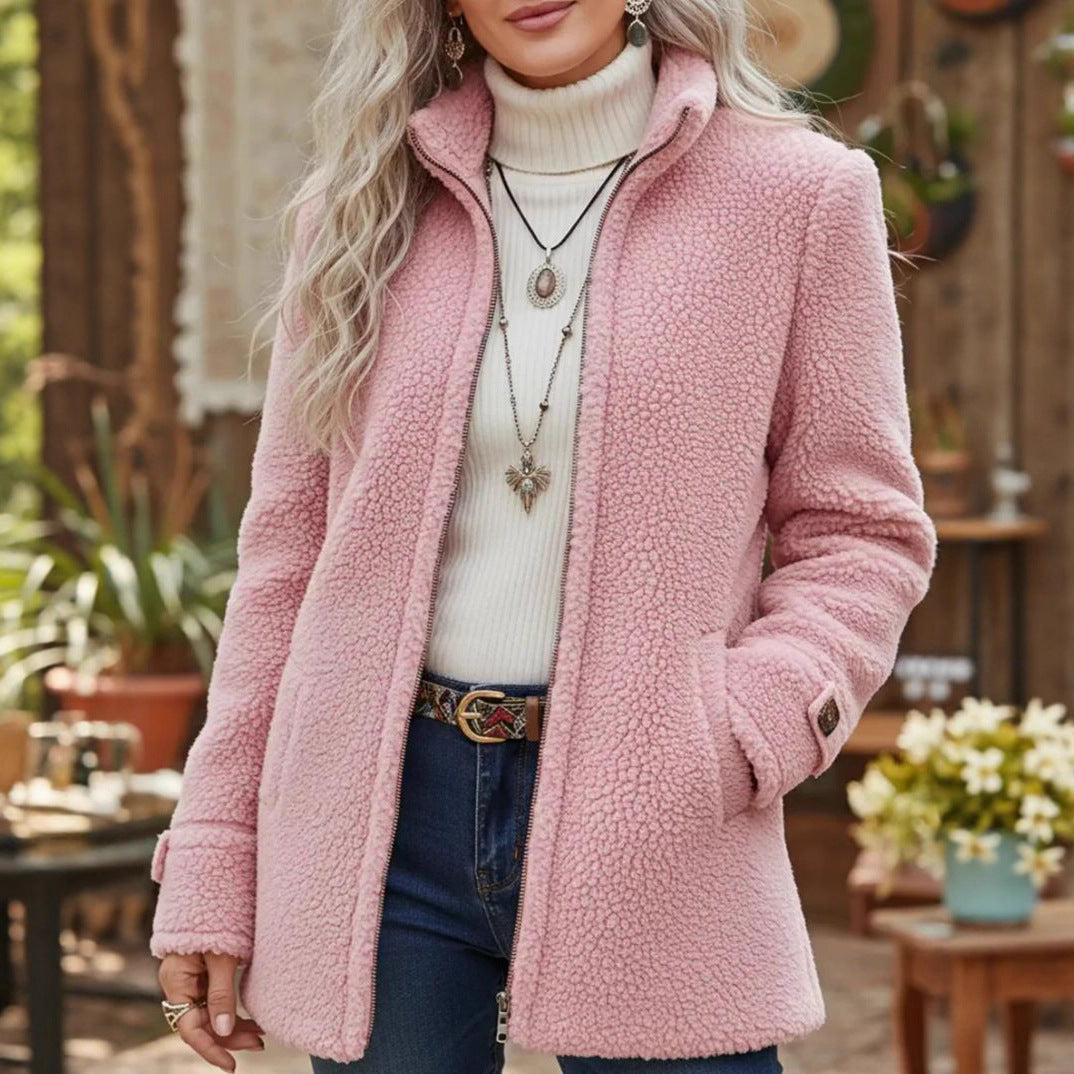 Womens Stand-Up Collar Solid-Color Loose Casual Long-Sleeve Fleece Zip-Up Jacket