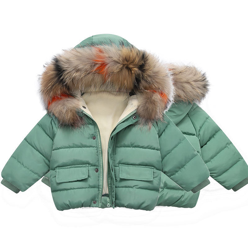 Girls Padded Cotton Clothes Infant Color Fur Collar Hand Plug Cotton Hooded Children's Cotton Clothes