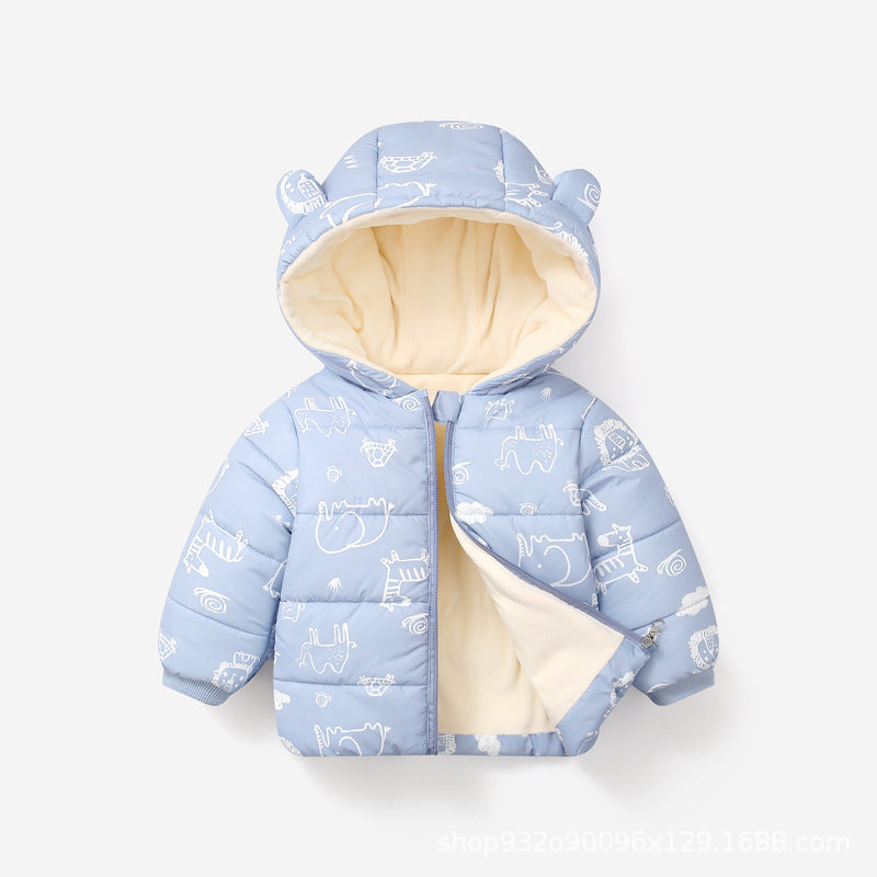 Down Cotton-padded Jacket With Fleece Thickened And Hooded For Infants And Toddlers