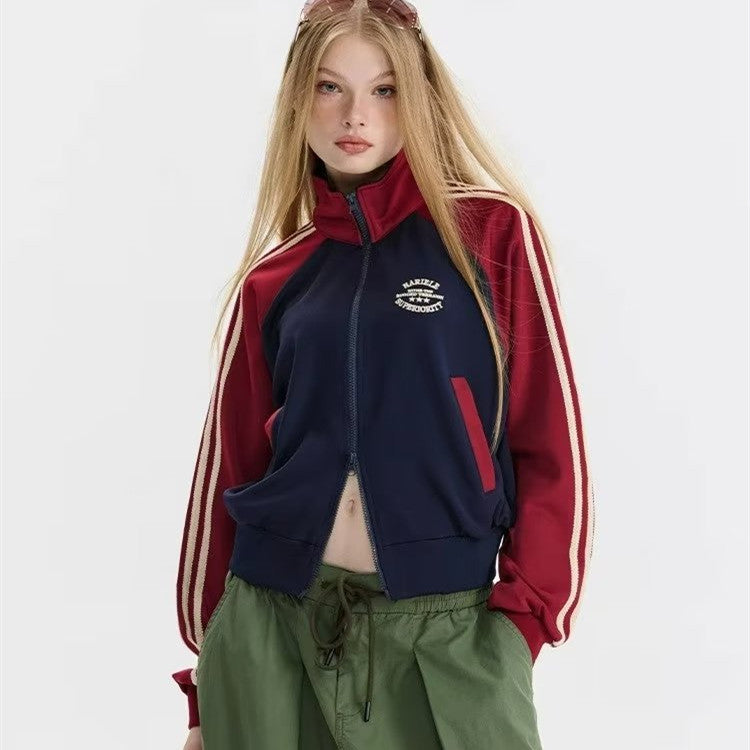 Women's American-style Color Matching Short Cardigan Sweater Casual Jacket