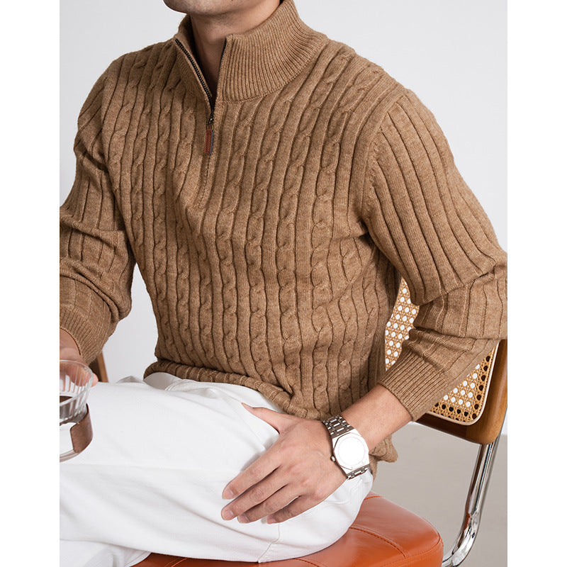 Men's Casual Solid Color Half-height Zip Twisted Sweater