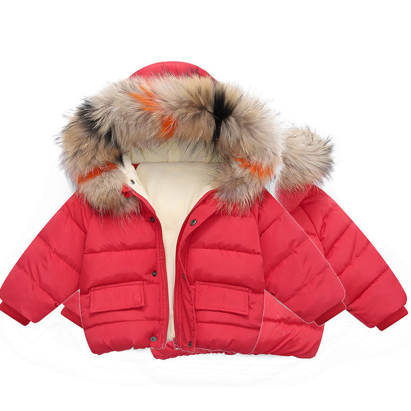 Girls Padded Cotton Clothes Infant Color Fur Collar Hand Plug Cotton Hooded Children's Cotton Clothes