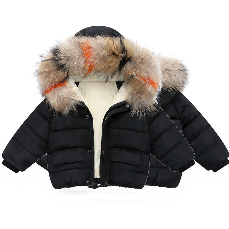 Girls Padded Cotton Clothes Infant Color Fur Collar Hand Plug Cotton Hooded Children's Cotton Clothes