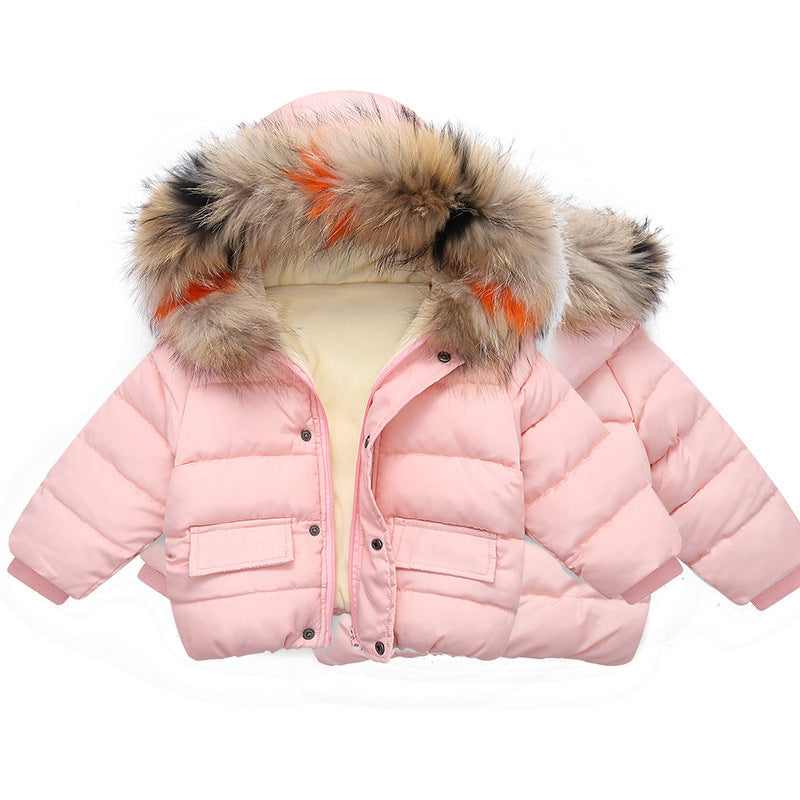 Girls Padded Cotton Clothes Infant Color Fur Collar Hand Plug Cotton Hooded Children's Cotton Clothes
