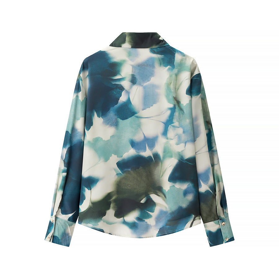 French Fashion Printed Satin Texture Shirt For Women