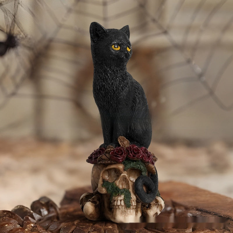 Mysterious Dark Style Skeleton Animal Cat And Crow Statue Decoration