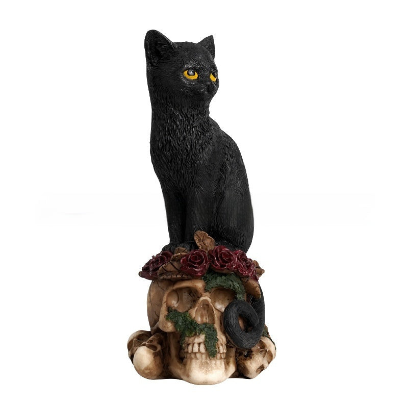 Mysterious Dark Style Skeleton Animal Cat And Crow Statue Decoration
