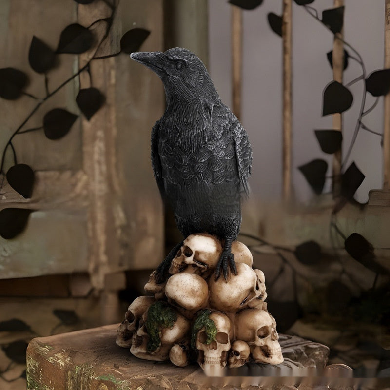 Mysterious Dark Style Skeleton Animal Cat And Crow Statue Decoration